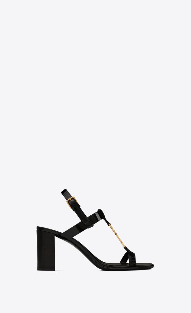Womens Shoes Saint Laurent Cassandra Flat Sandals In Patent Leather With Gold-tone Monogram in Black 
