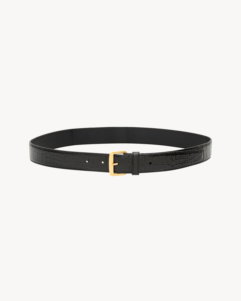 square buckle belt in crocodile-embossed leather