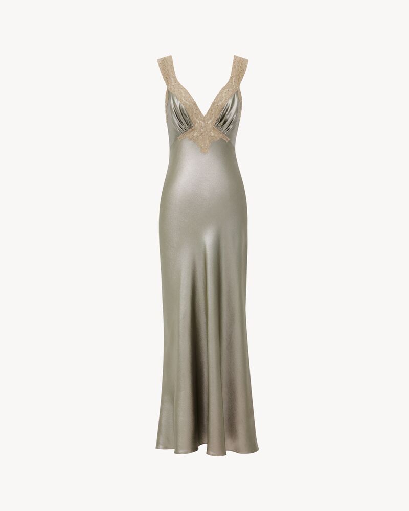 V-neck dress in silk charmeuse and lace