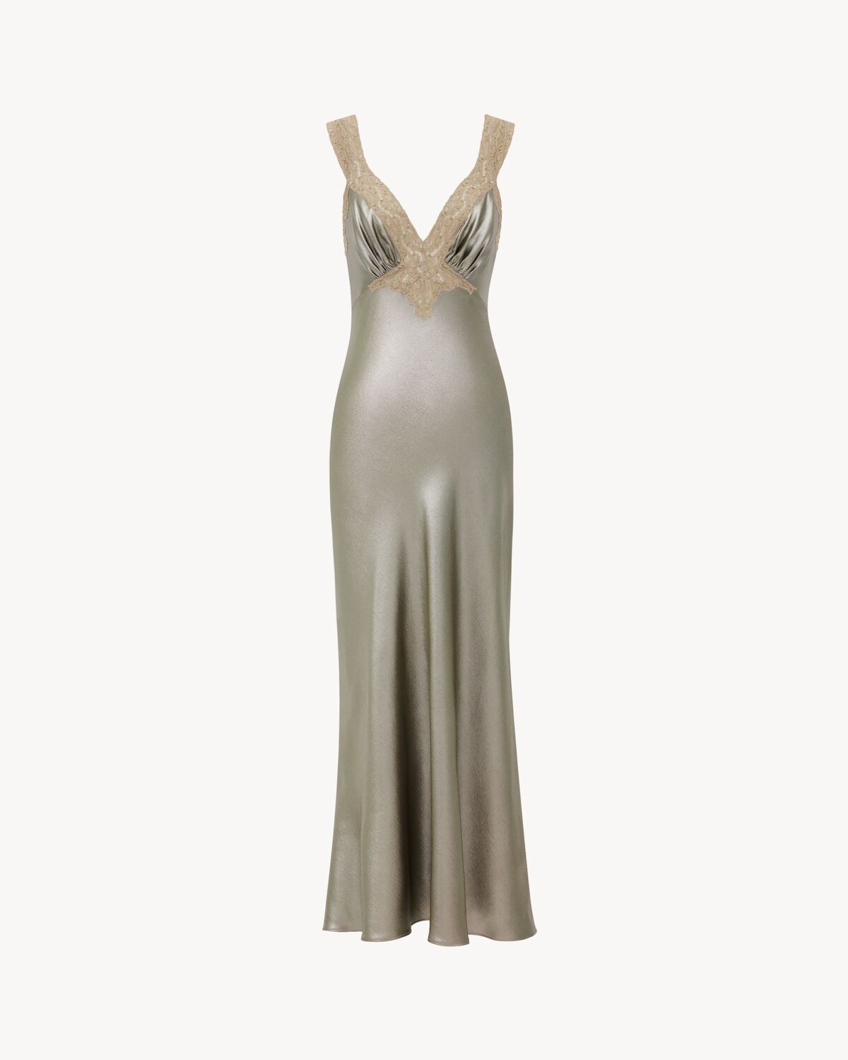 v-neck dress in silk charmeuse and lace