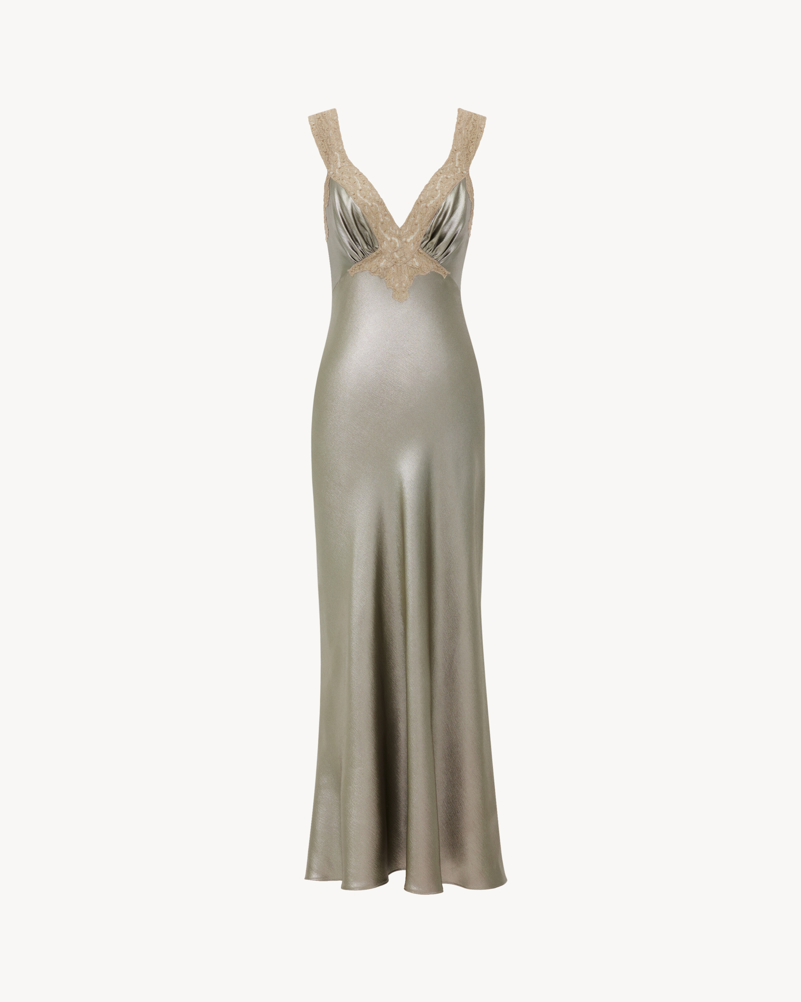 V-neck dress in silk charmeuse and lace