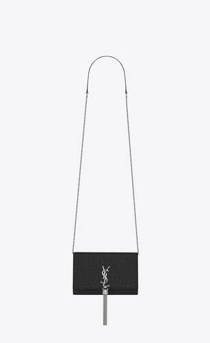 kate chain wallet avec pompon en cuir embossé crocodile