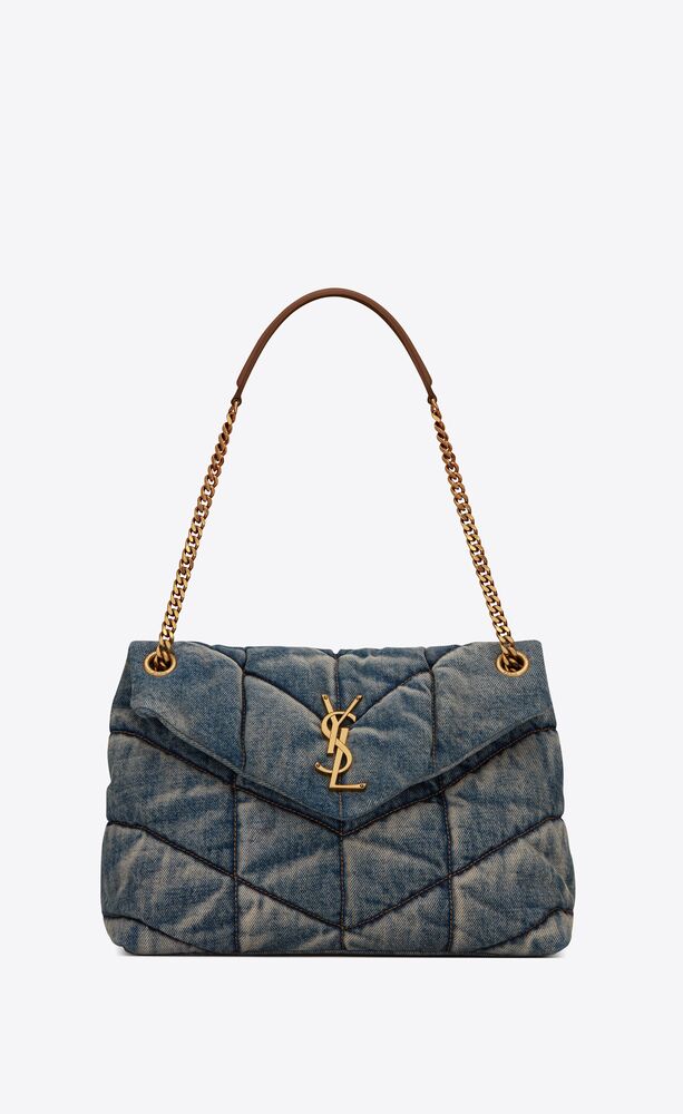 puffer medium chain bag in quilted vintage denim and suede