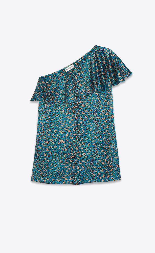 one-shoulder ruffle mini dress in leopard print silk