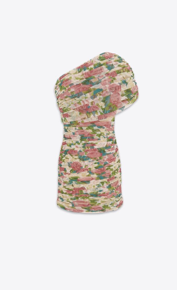 ruched one-shoulder dress in floral tulle