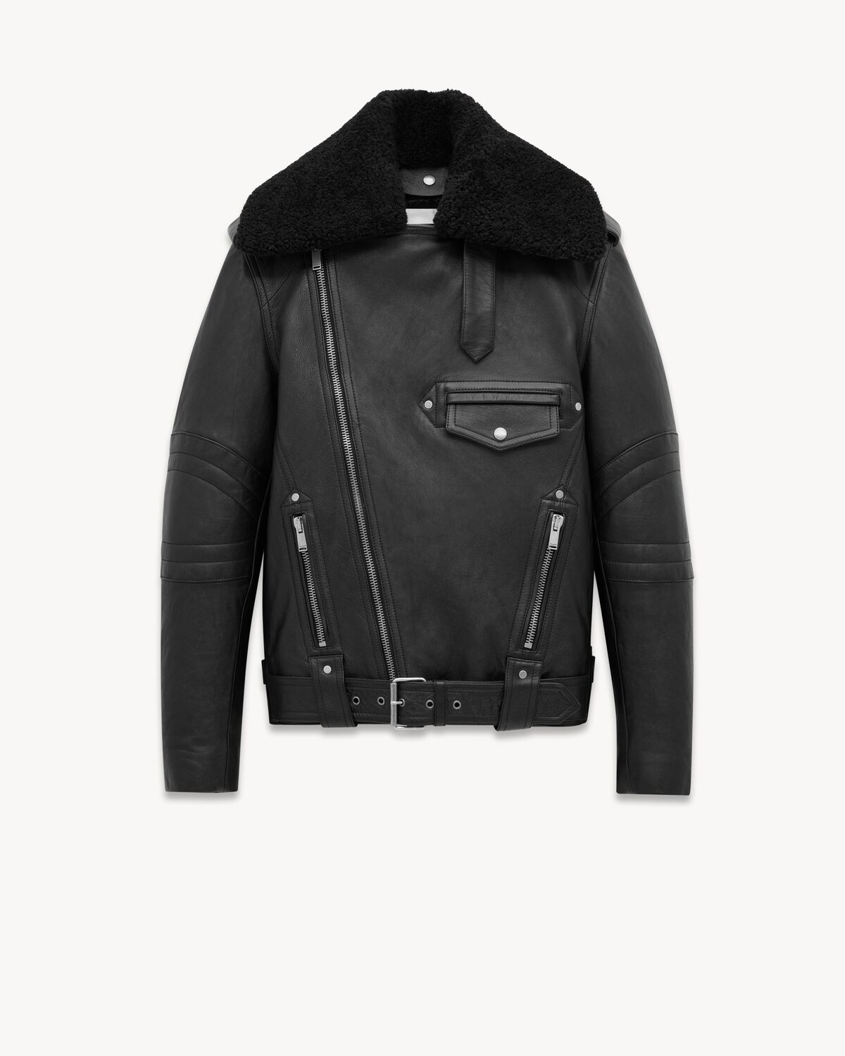 biker jacket in vintage leather and shearling