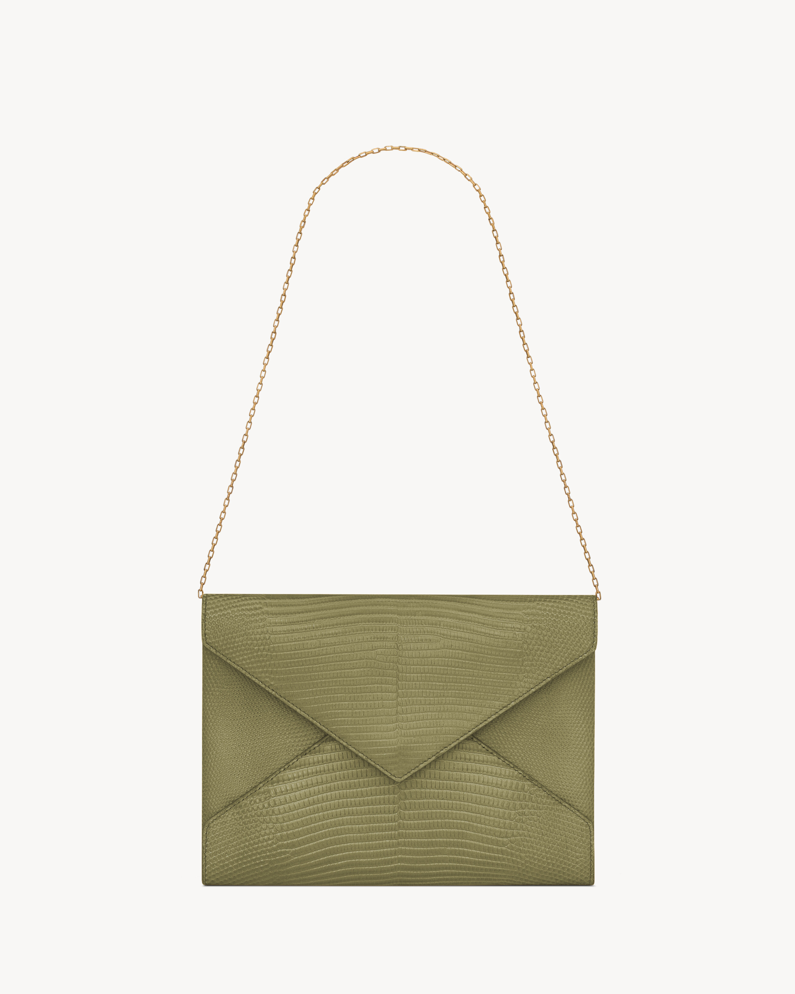 Pochette tipo sobre con cadena de piel de lagarto brillante
