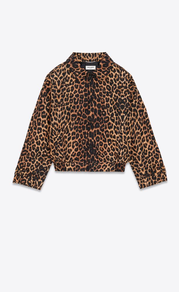 chaqueta harrington de tafetán de seda con motivo de leopardo