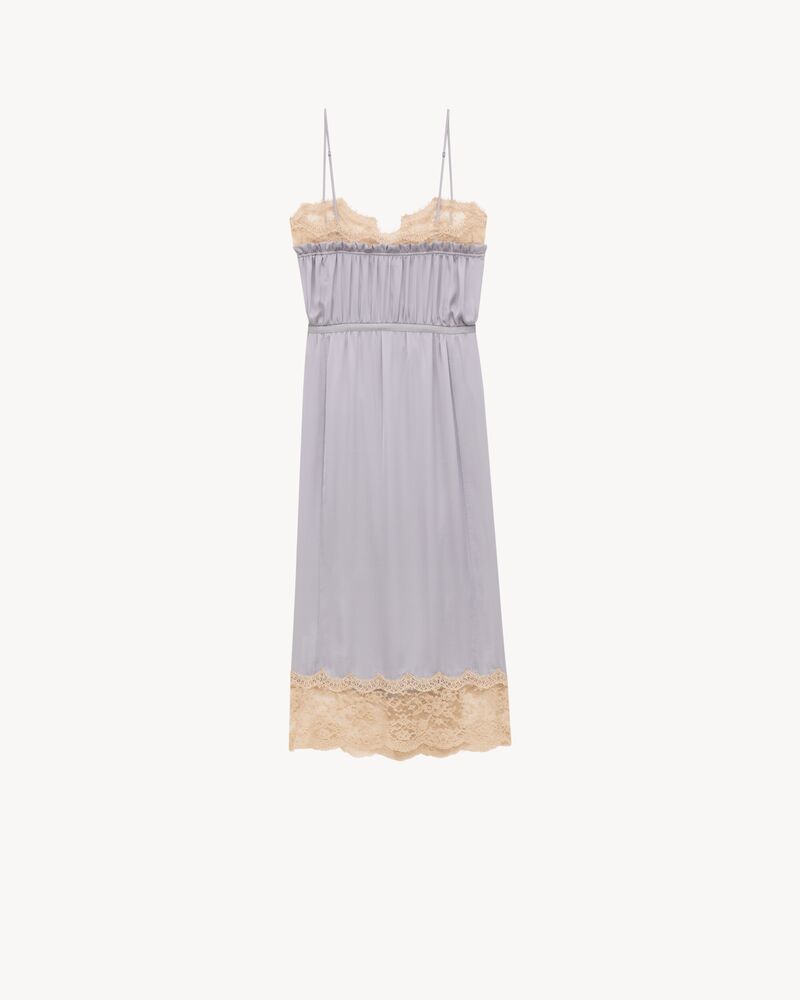 wrap slip dress in silk charmeuse and lace in Blue | Saint Laurent | YSL EN-PT wrap slip dress in silk charmeuse and lace in Blue | Saint Laurent | YSL EN-PT