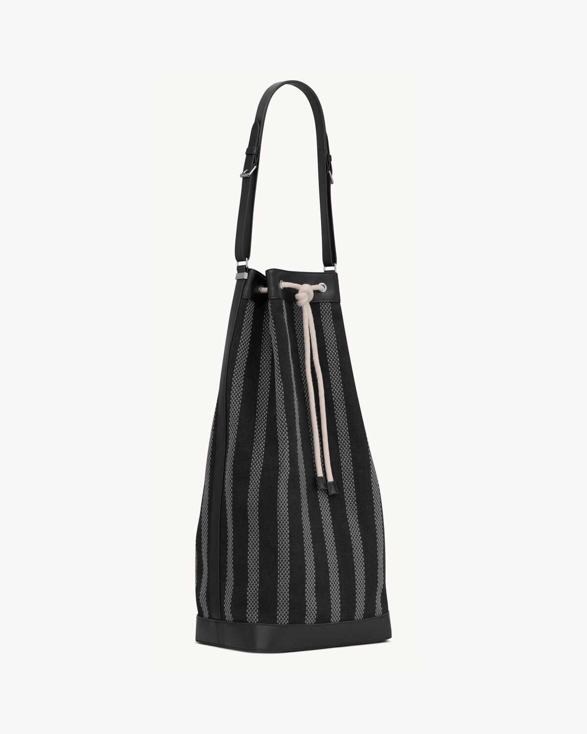 borsa a secchiello lunga in tela e pelle morbida