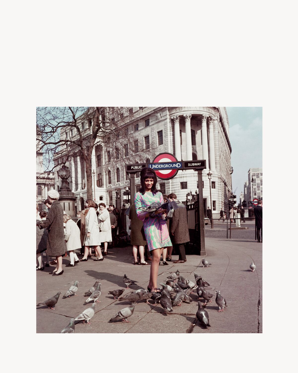 Drum model Marie Hallowi at Charing Cross, London, 1966