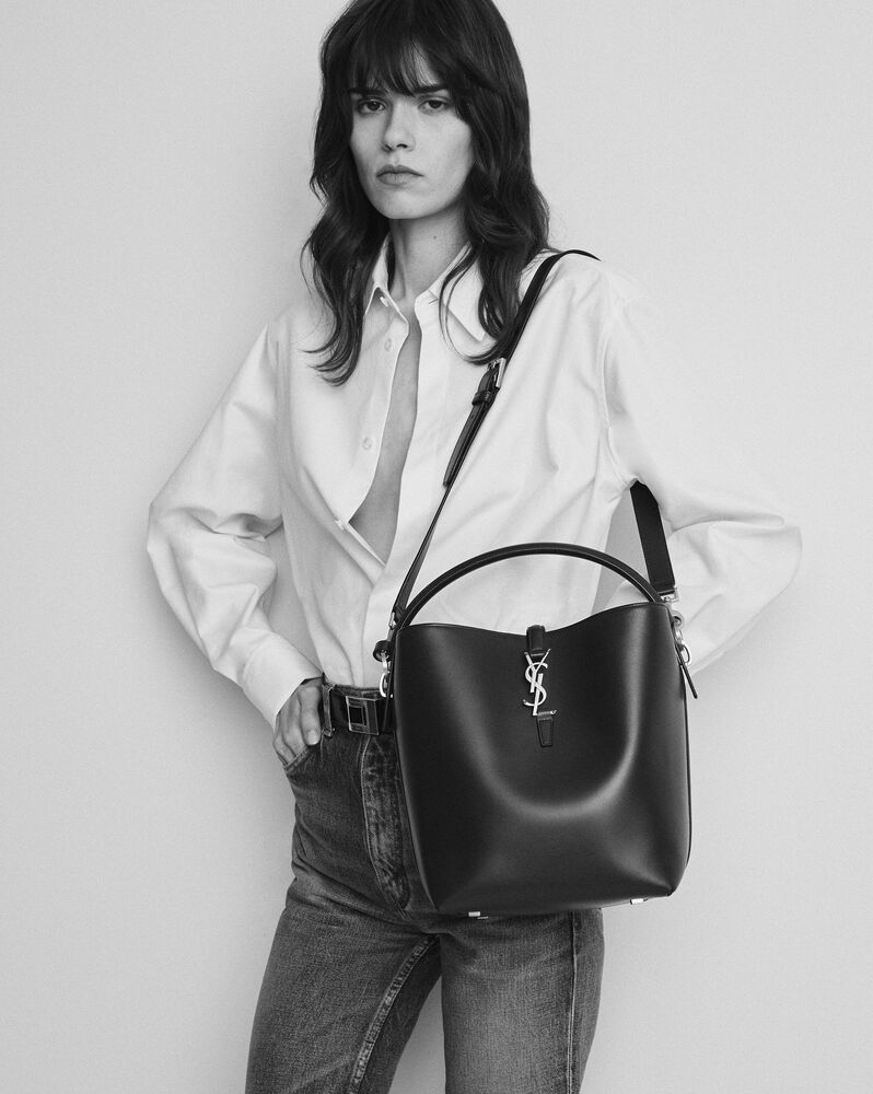 SAINT LAURENT Le Monogramme leather-trimmed printed coated-canvas bucket bag