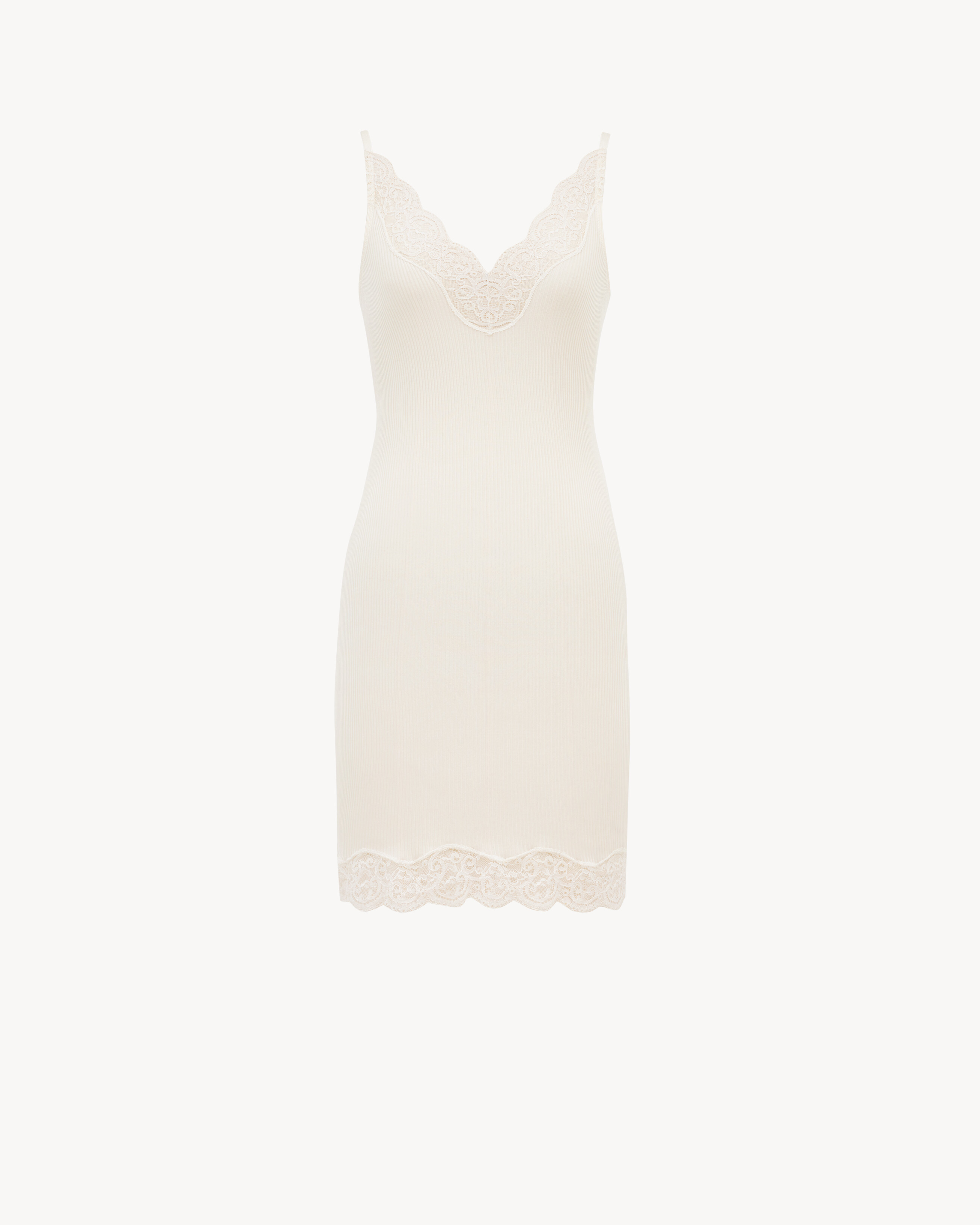 Laced Slip Dress in Ribbed Silk Jersey in Beige Saint Laurent