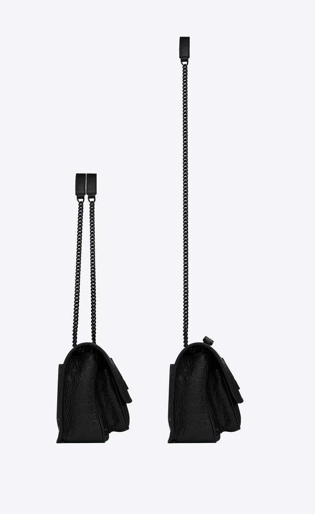 YVES SAINT LAURENT Niki Croc Embossed Leather Shoulder Bag Black