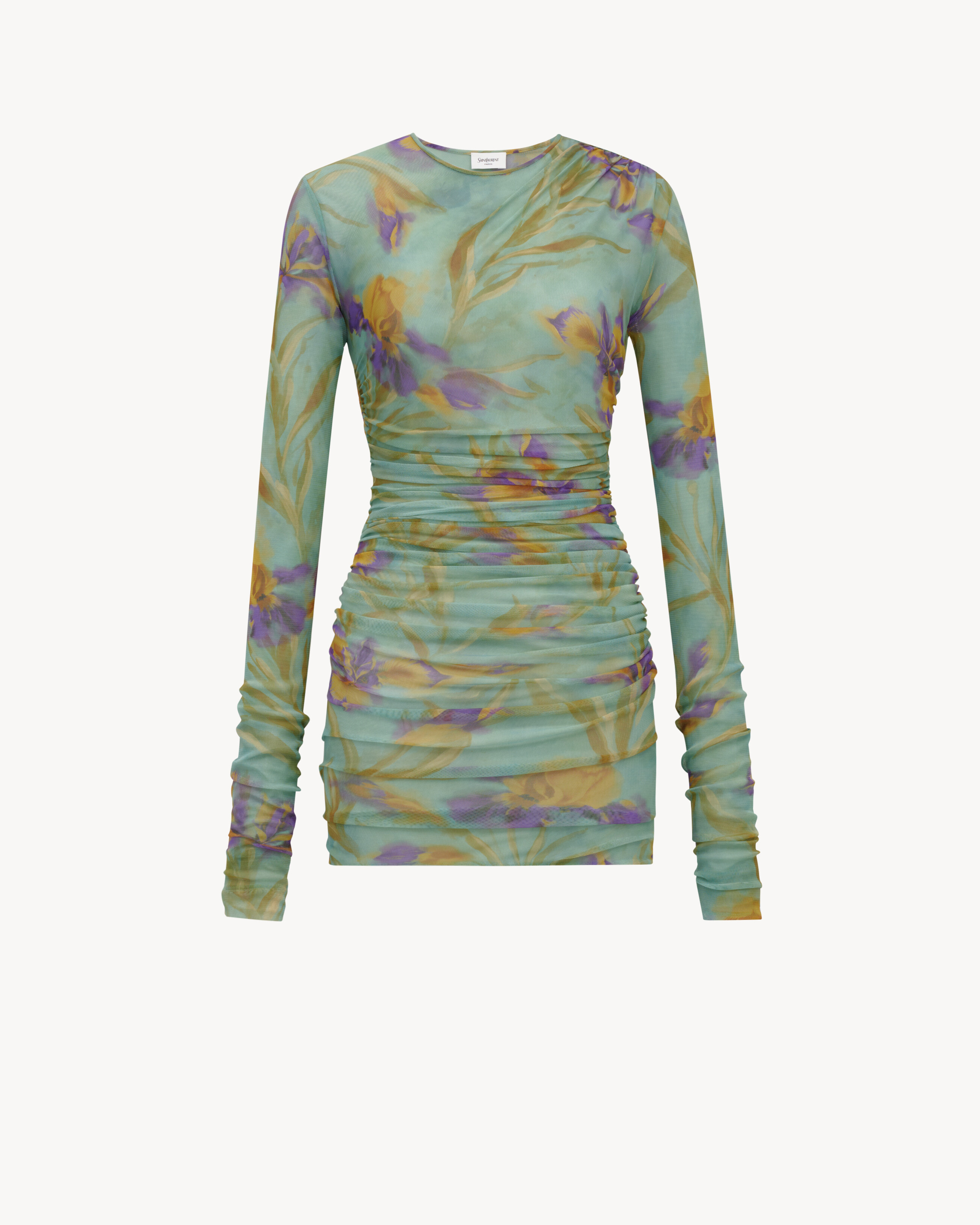 ruched mini dress in floral tulle jersey