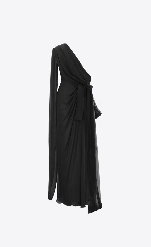 draped one-shoulder gown in silk muslin