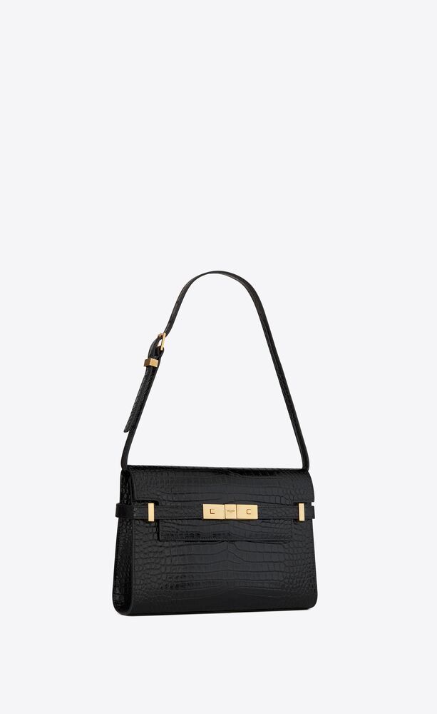 manhattan small shoulder bag in shiny crocodile-embossed leather