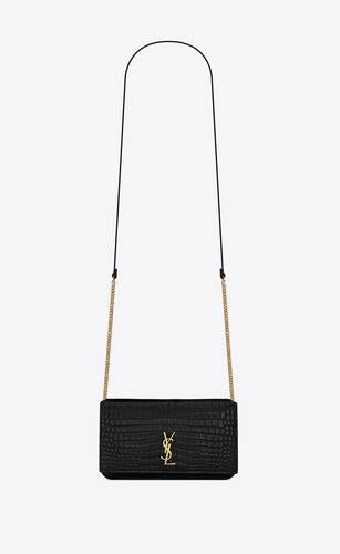 cassandre saint laurent phone holder with strap in shiny crocodile-embossed leather