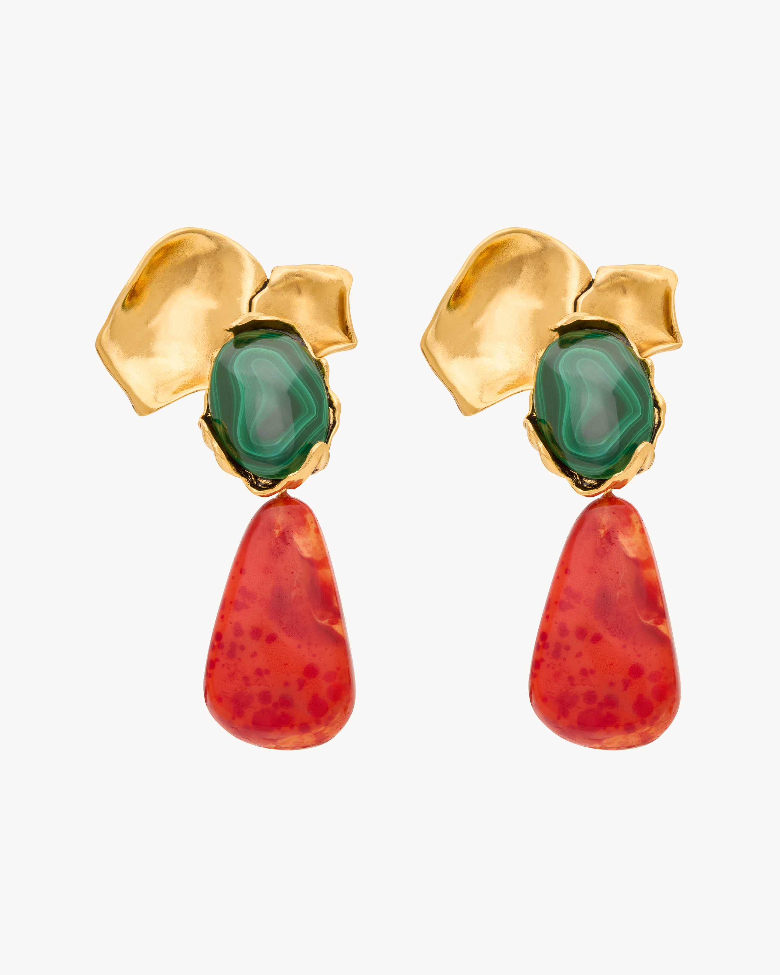 petal pendant earrings in malachite, resin, and metal