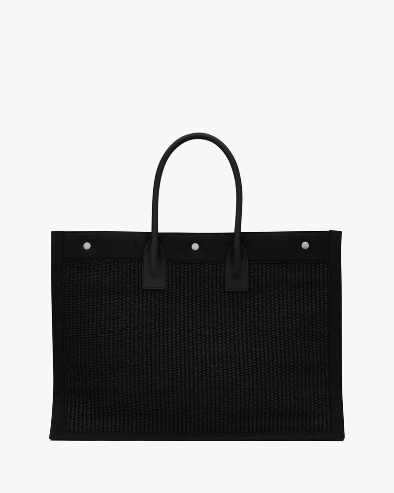 RIVE GAUCHE LARGE TOTE BAG IN EMBROIDERED RAFFIA AND LEATHER