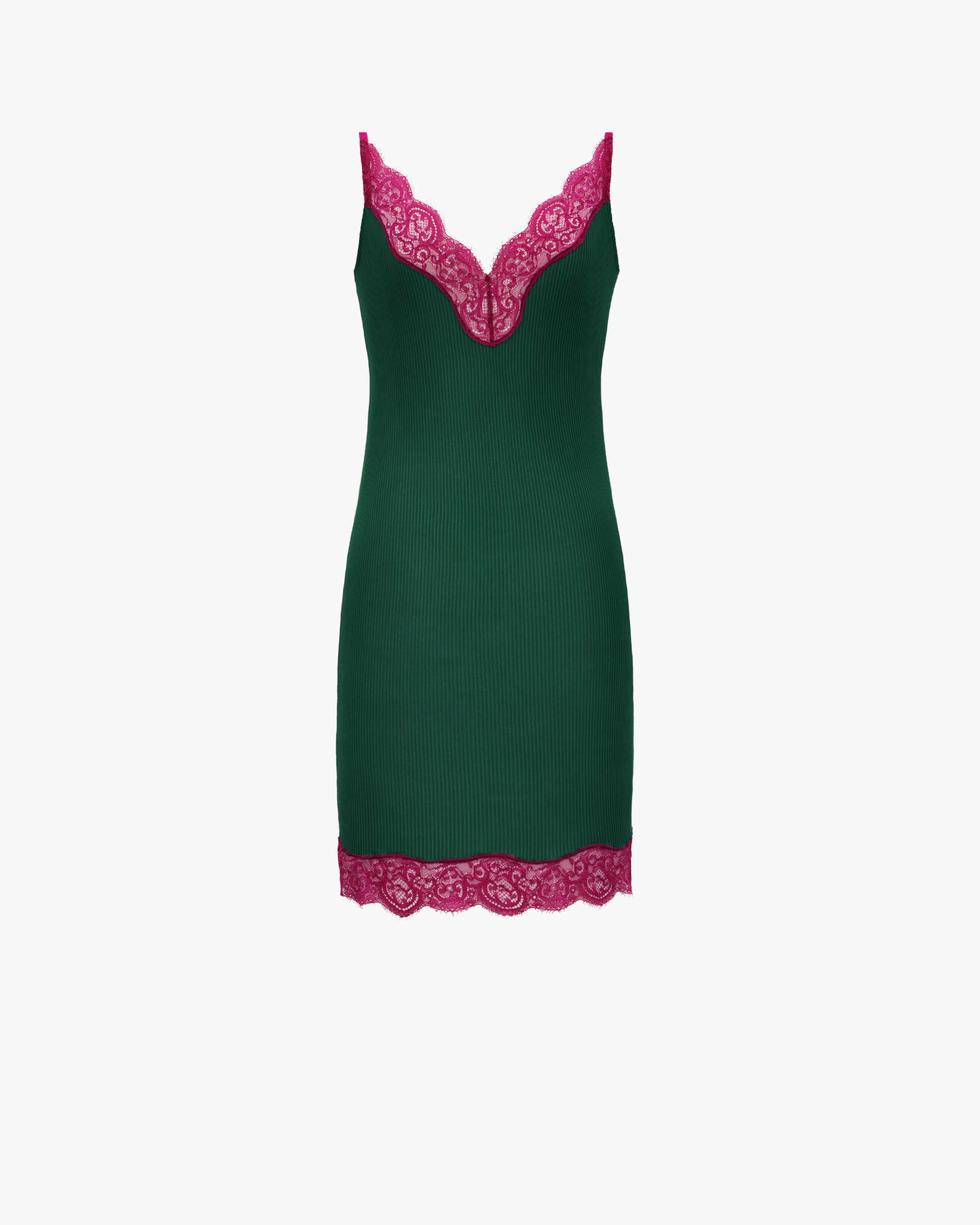 Vestido lencero de punto de seda acanalada con encaje en color