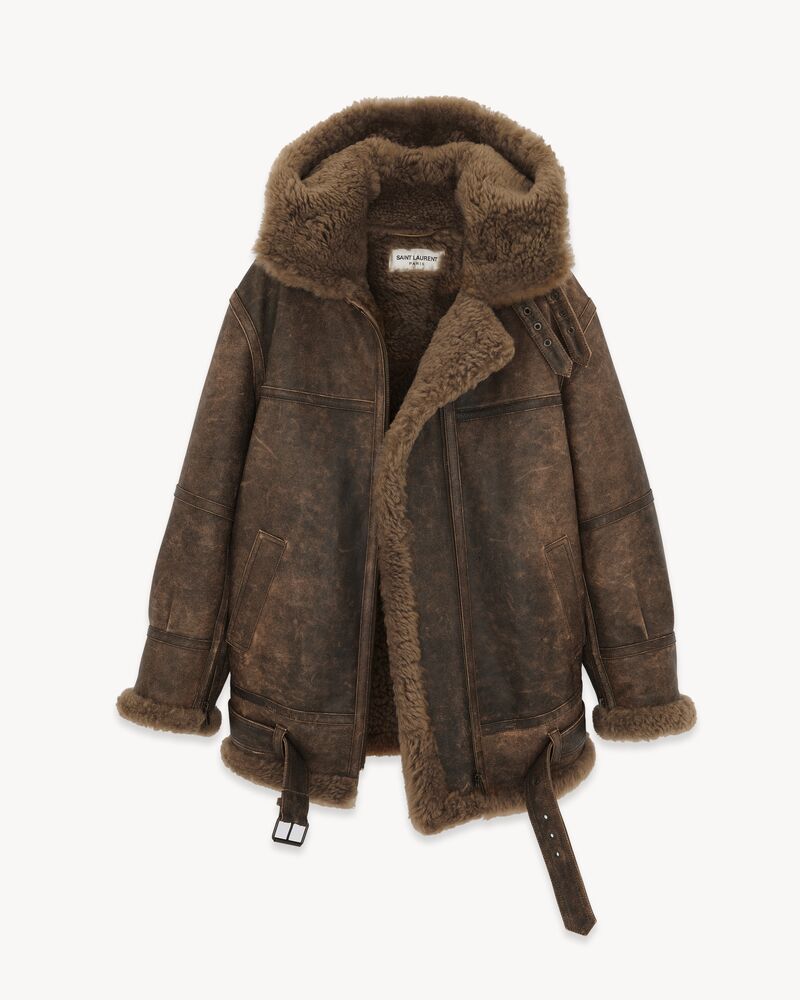 Blouson aviateur en cuir vieilli et shearling