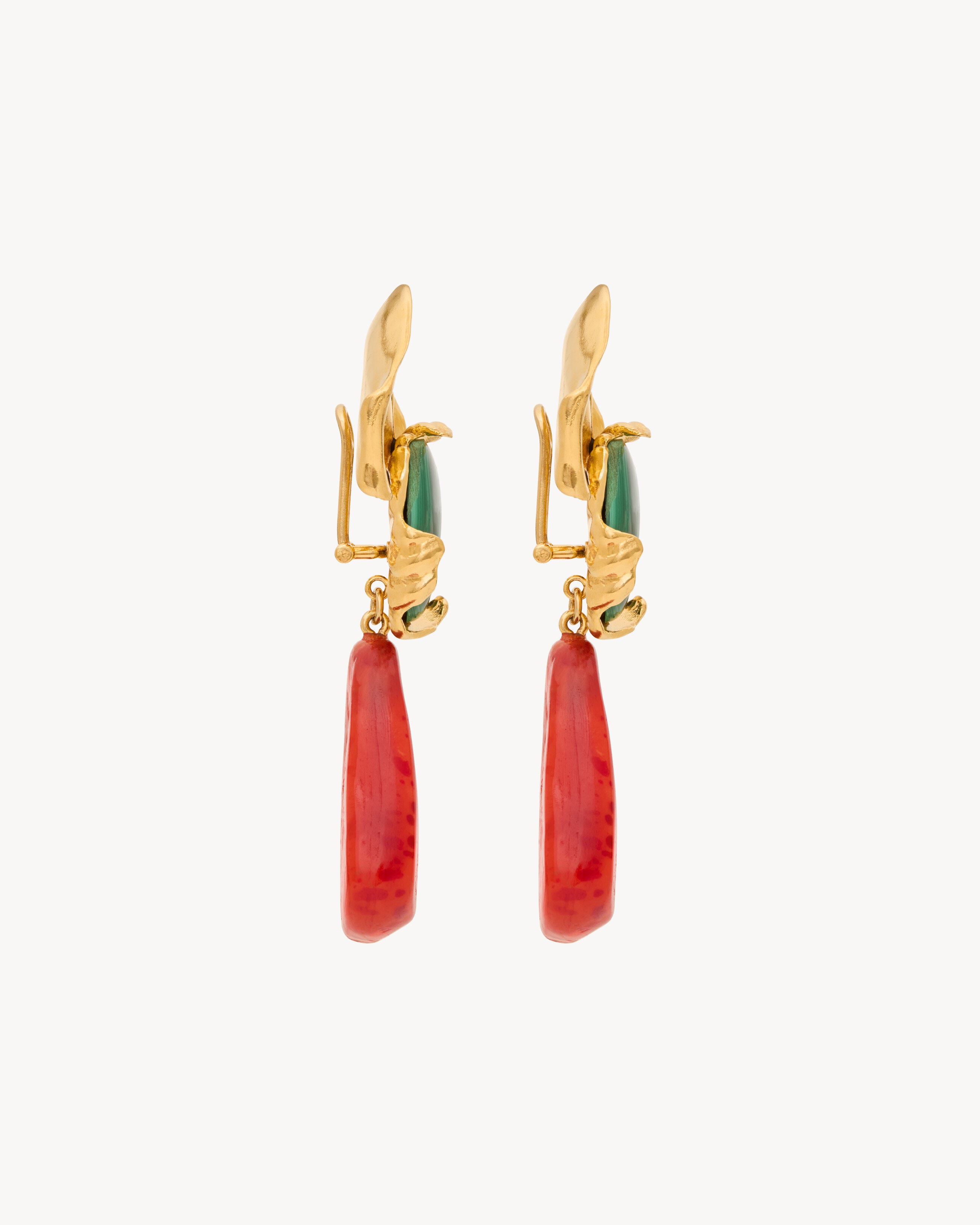 petal pendant earrings in malachite, resin, and metal
