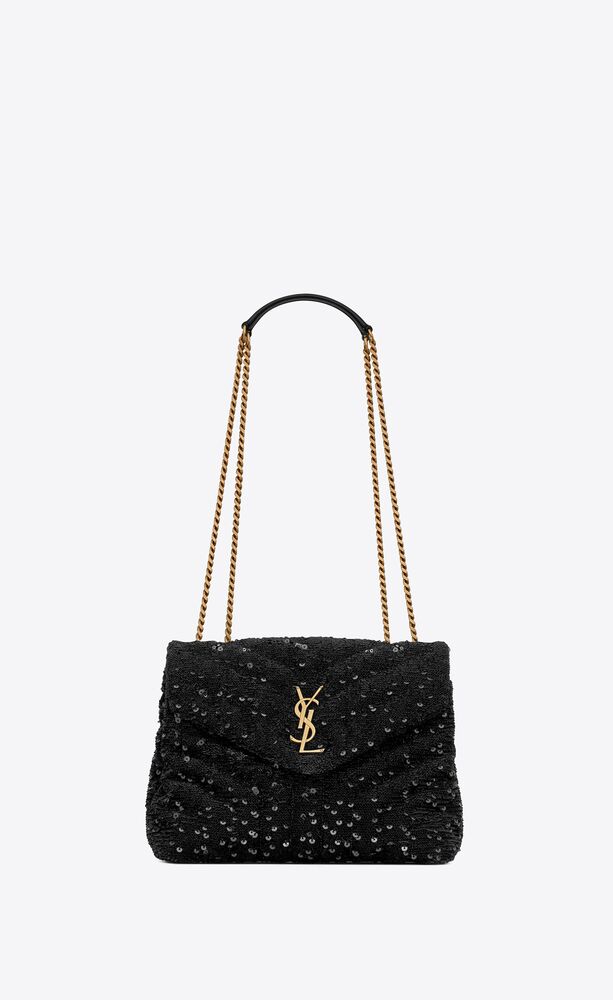 loulou small chain bag in quilted "y" leather, satin and sequins