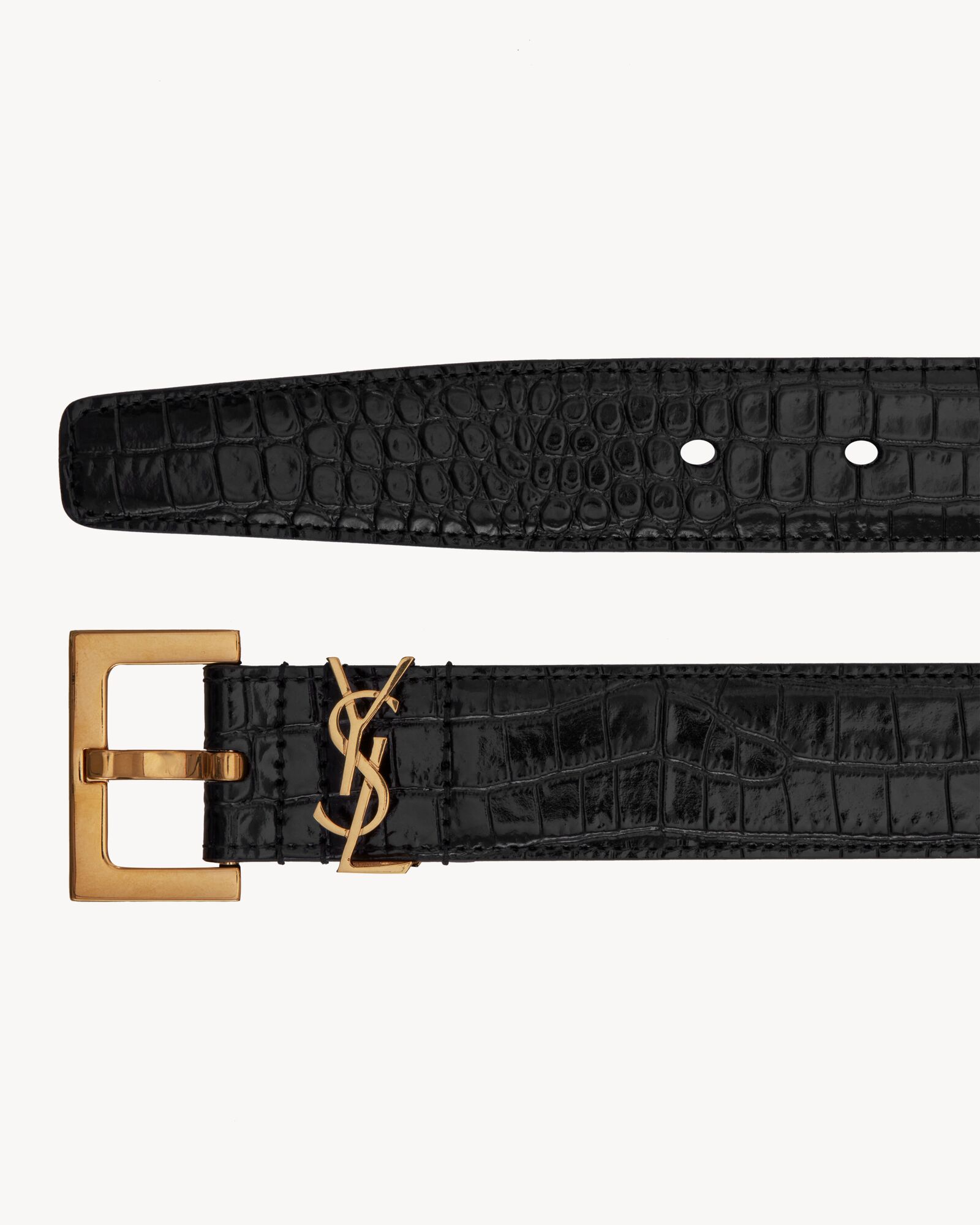 CASSANDRE BELT WITH SQUARE BUCKLE IN SHINY CROCODILE-EMBOSSED LEATHER ...