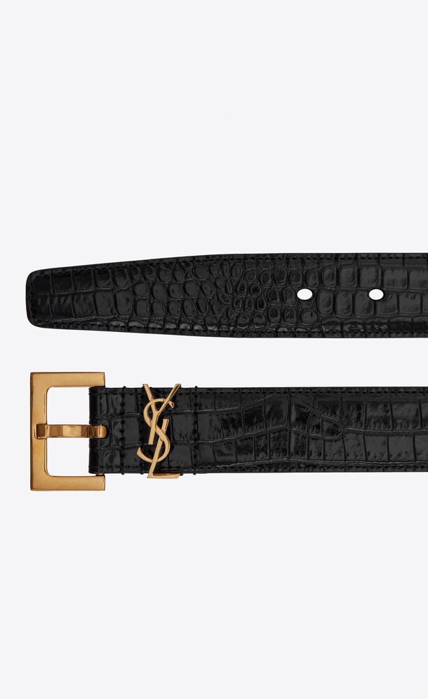 CASSANDRE BELT WITH SQUARE BUCKLE IN SHINY CROCODILE-EMBOSSED LEATHER ...