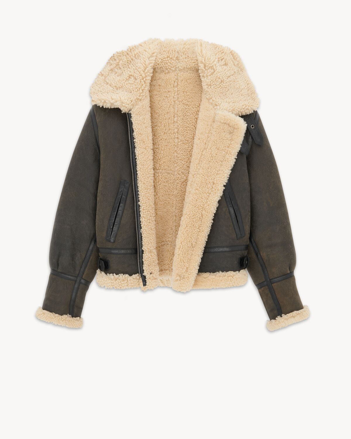 aviator jacket in aged leather and shearling