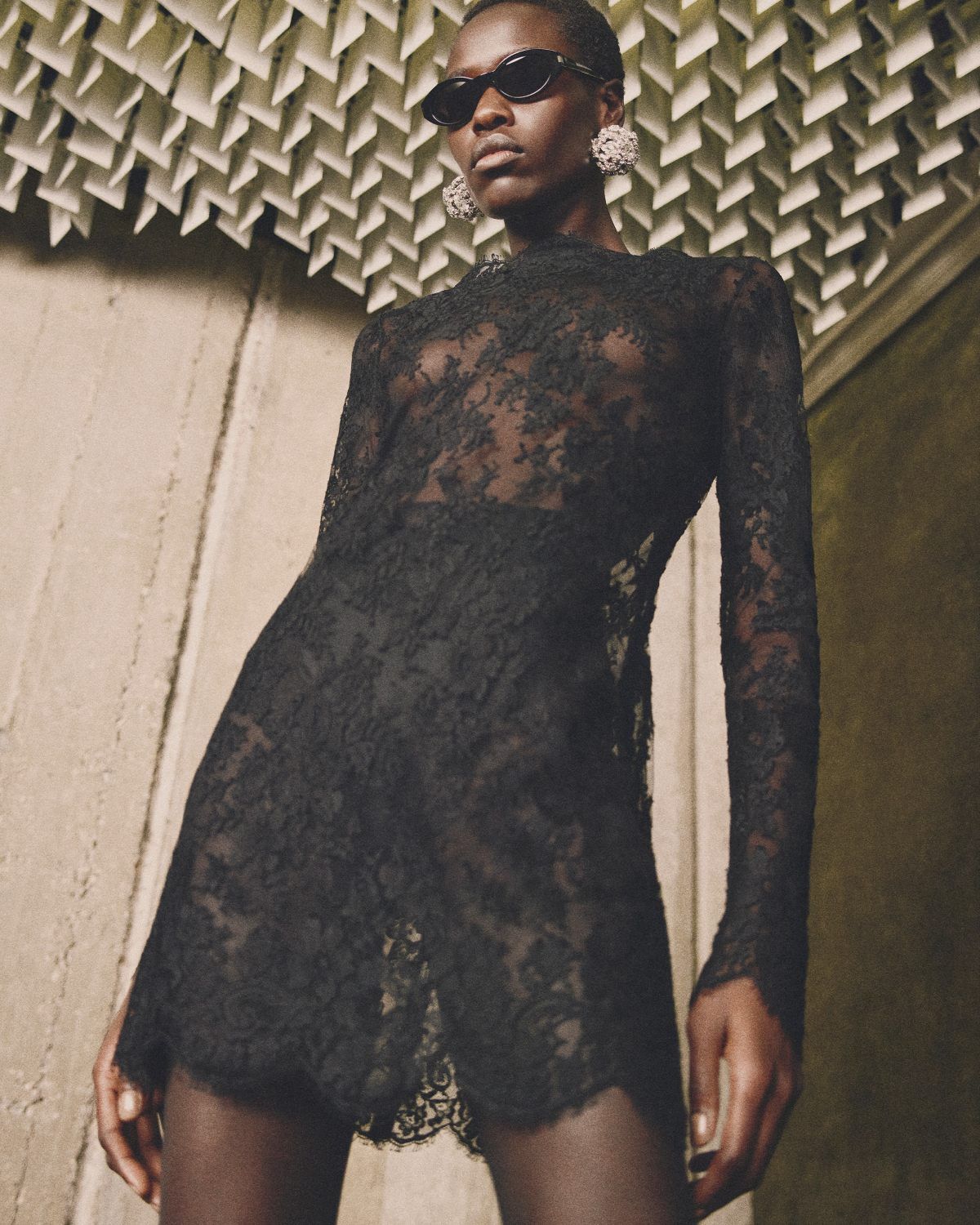 Long Sleeve Dress in Chantilly Lace Saint Laurent YSL