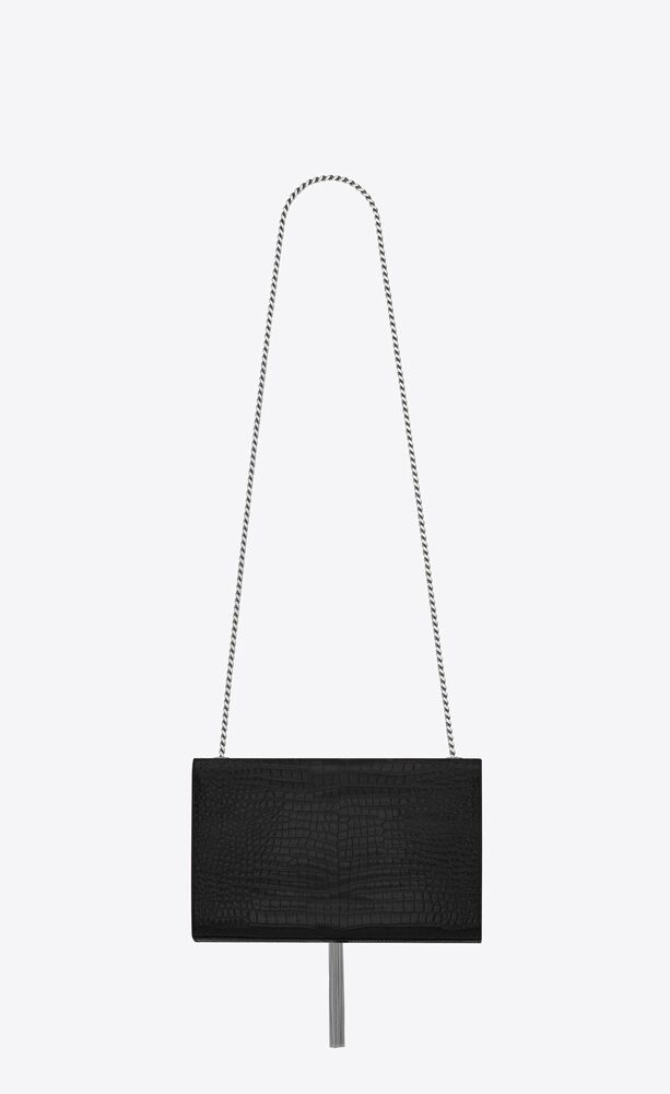 Saint Laurent YSL Monogram Kate Bag Medium Croc Embossed Black Silver W/O  Tassel