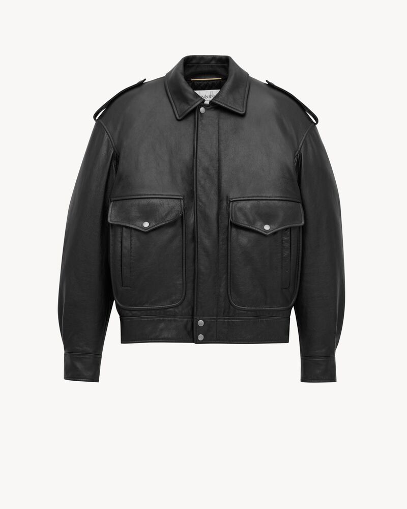 Blouson oversize en cuir d’agneau plongé brillant