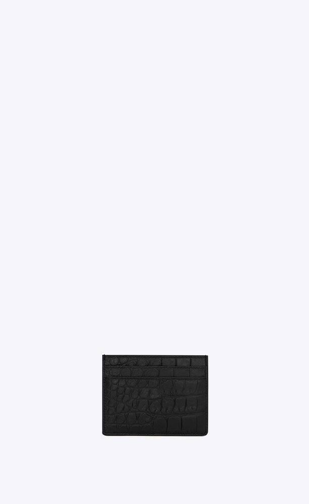 Pre-owned Saint Laurent Monogram Credit Card Wallet Crocodile Embossed  Leather Black