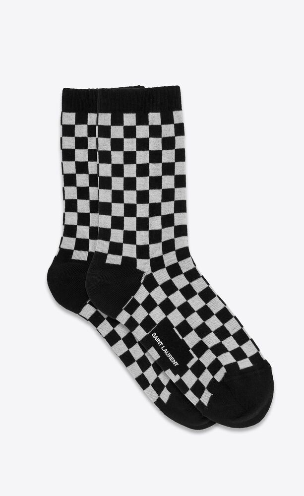 check and musical notes pattern socks