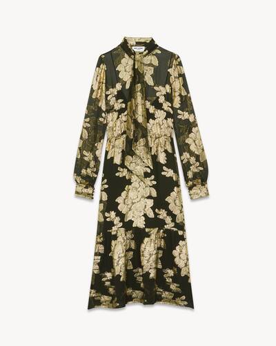 long lavallière-neck dress in floral lamé silk georgette