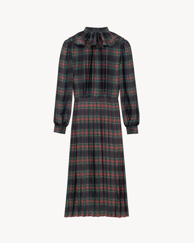 pleated dress in tartan silk charmeuse