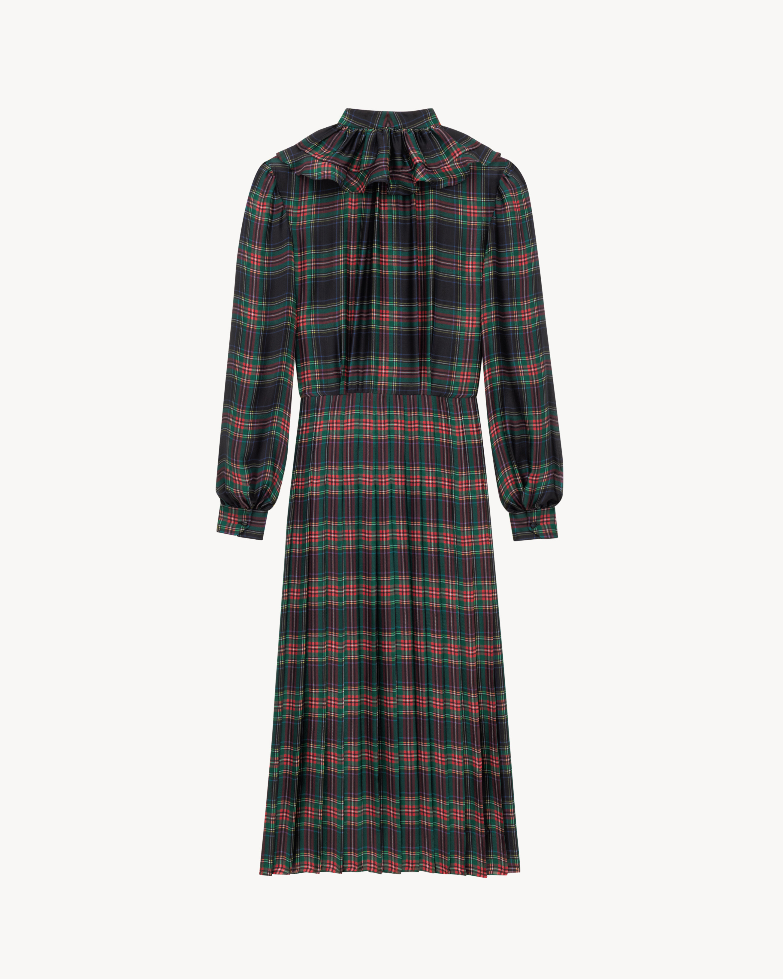 Vestido plisado de charmeuse de seda con motivo tartán