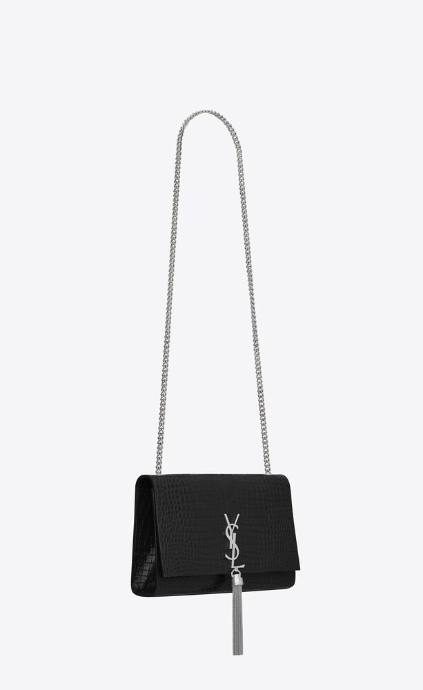 YSL Black Calfskin Crocodile Embossed Kate Monogram Tassel Chain WOC - A  World Of Goods For You, LLC