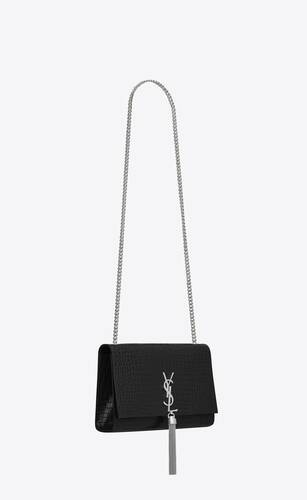 Saint Laurent Kate Monogram Ysl Medium Crocodile-Embossed Tassel Shoulder Bag Noir