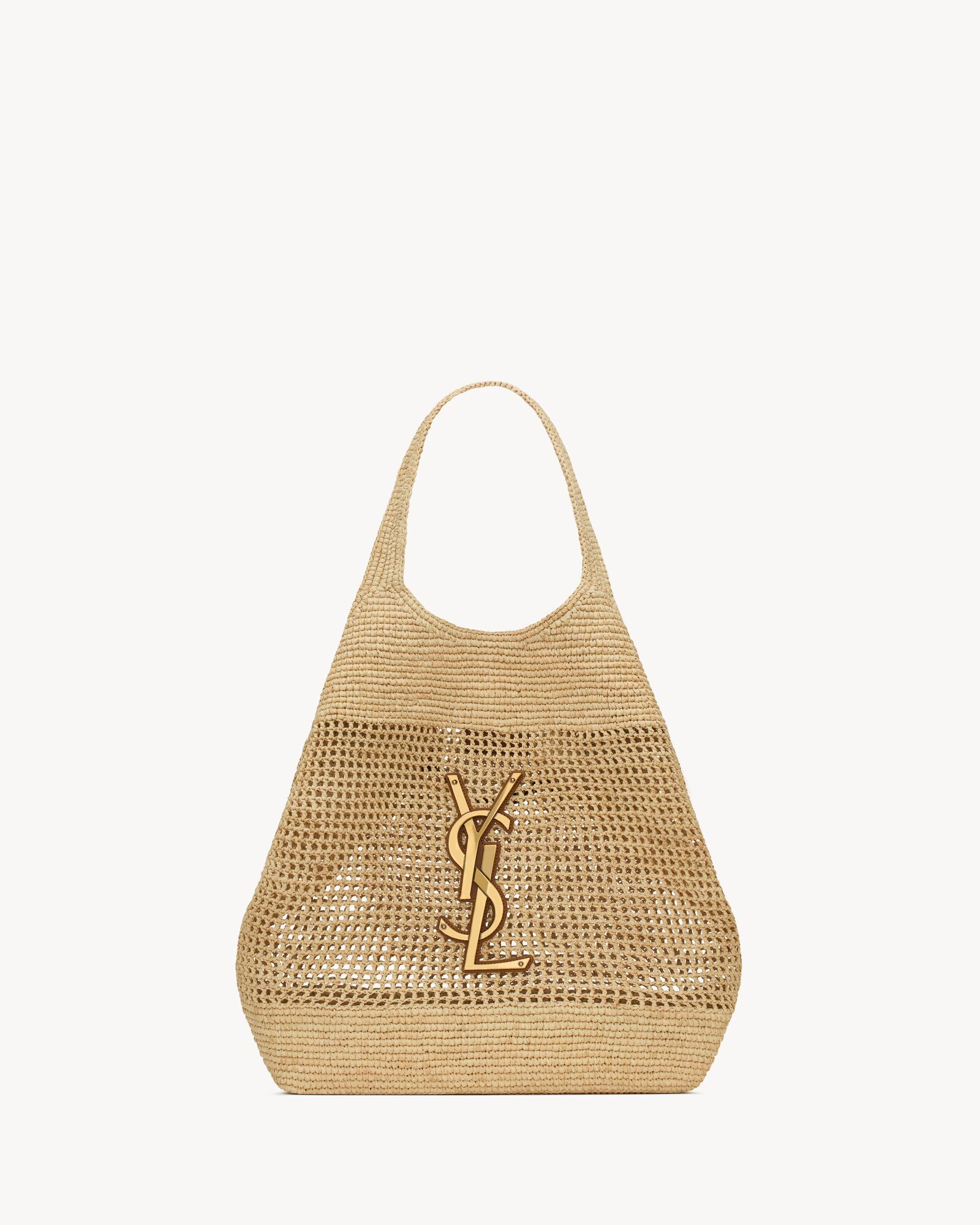 ICARE Maxi Shopper aus gehakeltem Raffia und pflanzlich gegerbtem Leder in Vintage Optik Saint Laurent YSL