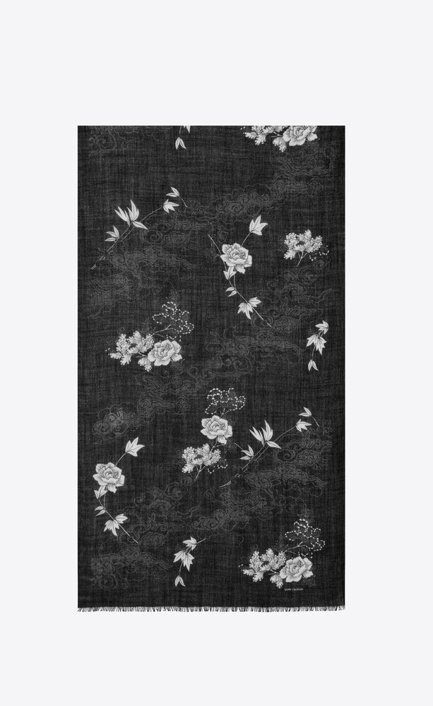 floral and cloud-print scarf in wool