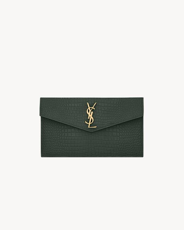UPTOWN POUCH IN CROCODILE-EMBOSSED SHINY LEATHER in Green Saint