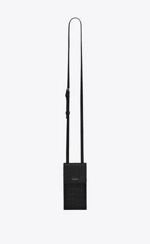 saint laurent paris phone pouch with strap in crocodile-embossed leather