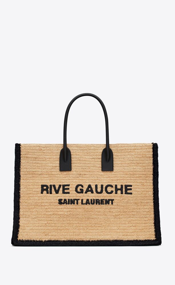 rive gauche large tote bag in embroidered raffia and leather