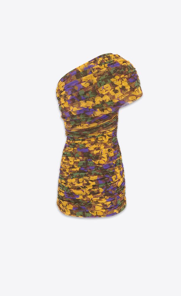 플로럴 튤 소재의 루싱 처리된 원 숄더 드레스