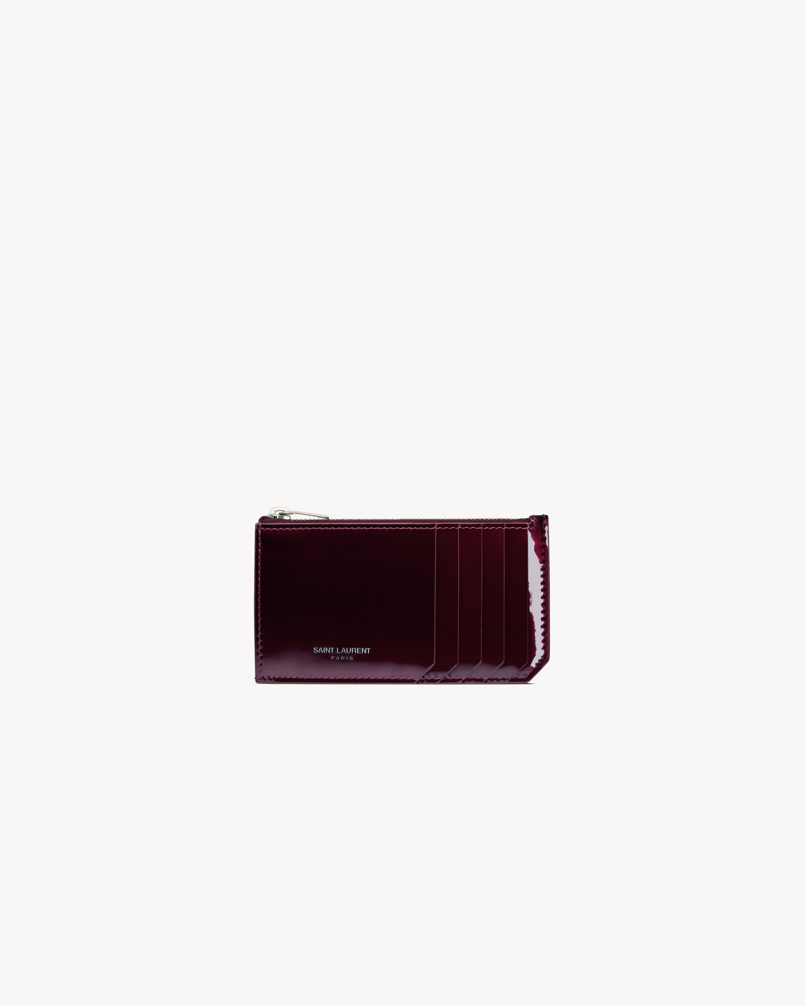 페이턴트 가죽 소재의 SAINT LAURENT PARIS FRAGMENTS 지퍼 카드 케이스