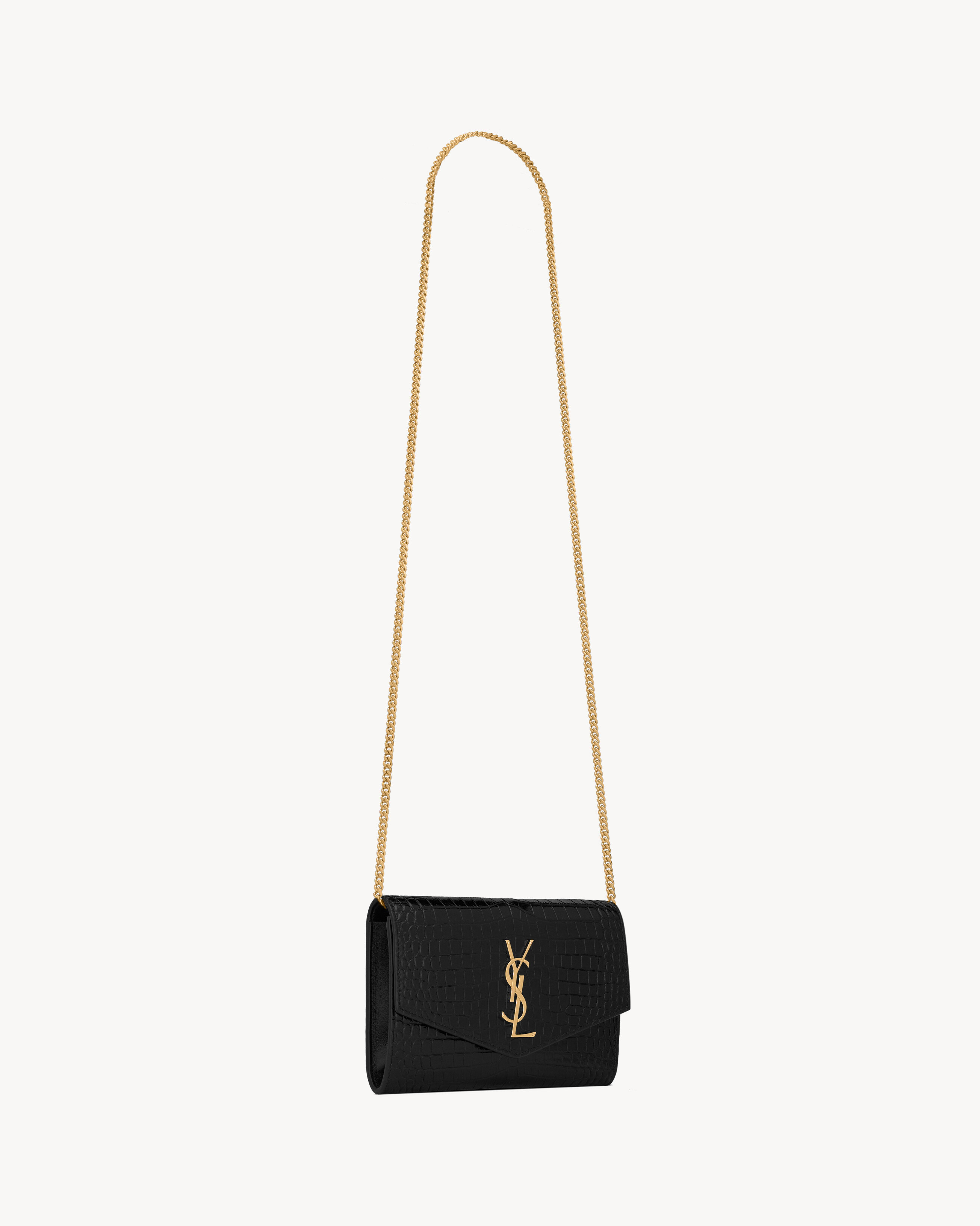 Uptown chain wallet in shiny crocodile-embossed leather
