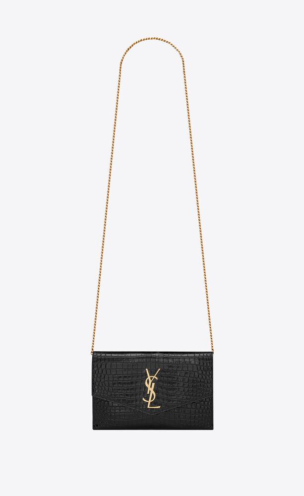 uptown chain wallet in crocodile-embossed shiny leather
